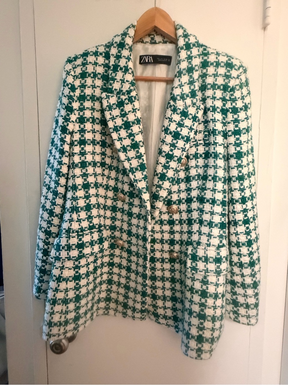 Zara Green & White Tweed Double-Breasted Blazer